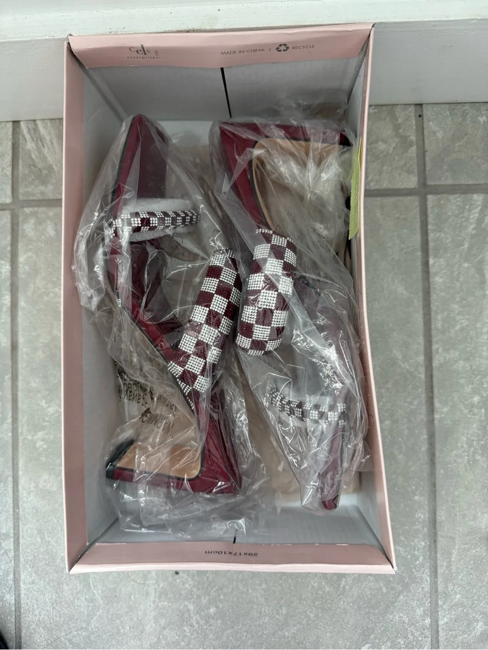 Chinese Laundry Wine Red Beaded Checkerboard Strappy Heels
